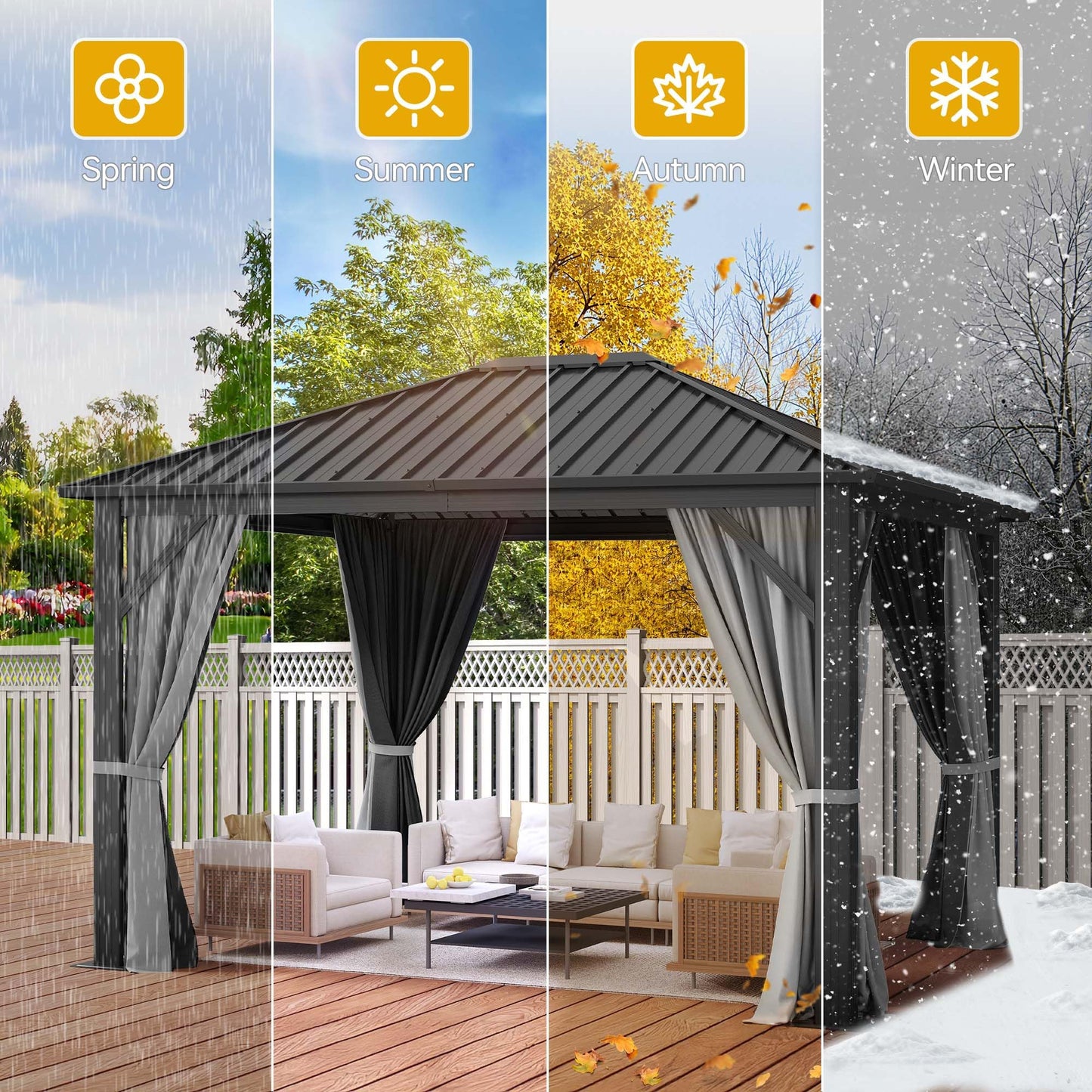 DWVO Gazebo Hardtop 10x12ft Single Roof Heavy Duty Canopy Galvanized Steel Outdoor with Nettings and Curtains for Patio, Backyard, Deck, Lawns, Grey
