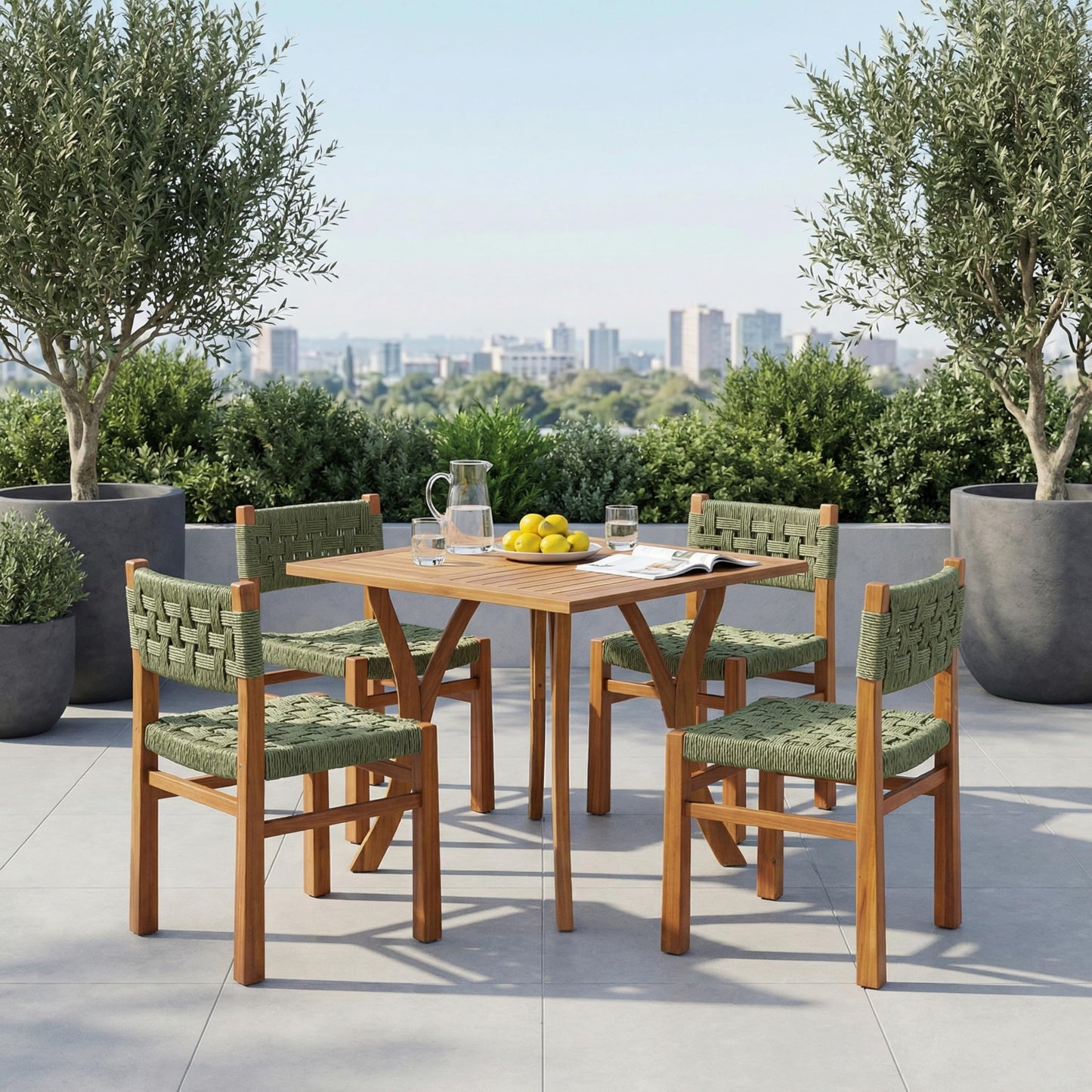 Christopher Knight Home 5 Piece Outdoor Dining Set Acacia Wood Square Table and 4 Green Wicker Chairs Teak Finish Patio Furniture Set for Garden Backyard Balcony Deck