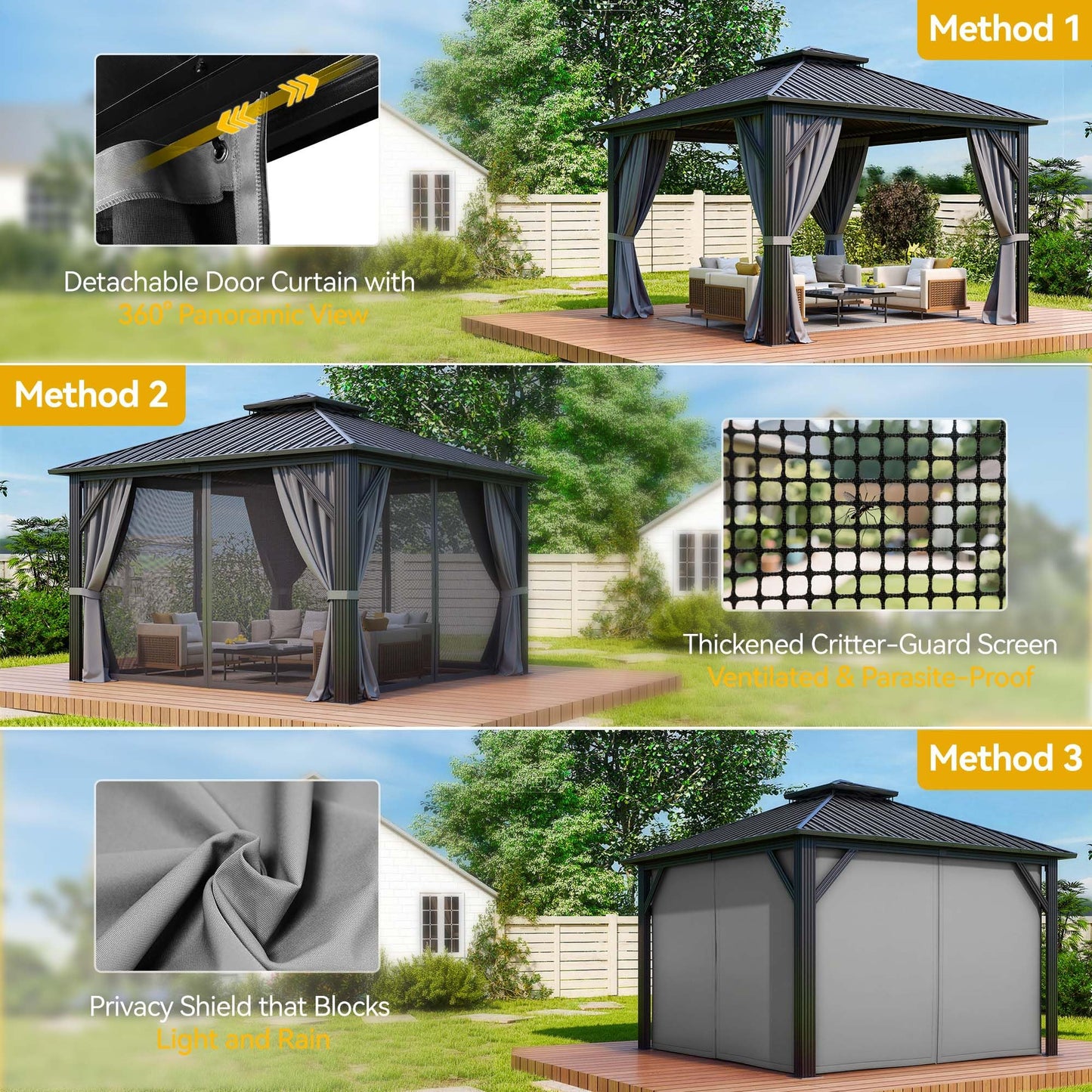 DWVO 12x12ft Metal Gazebo Hardtop Double Roof Canopy Outdoor Gazebo Galvanized Roof with Netting and Curtain Garden Tent for Patio, Backyard and Deck