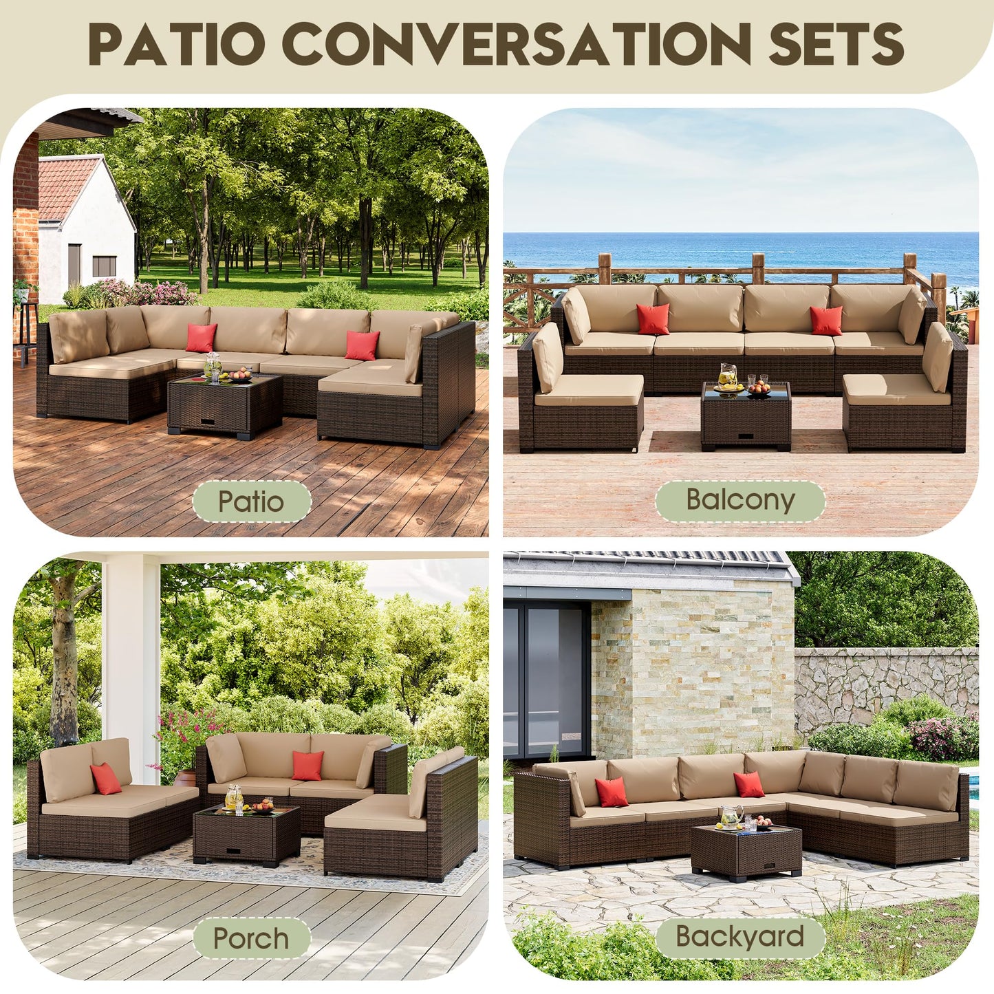 LHBcraft 7 Piece Patio Outdoor Furniture Set, Outdoor Sectional, All-Weather Manual Weaving PE Rattan Wicker Patio Sectional Sofa, Rattan Outside Furniture with Beige Cushion and Glass Table
