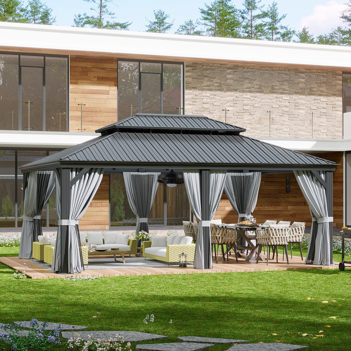 Aoxun 14' X 20' Hardtop Gazebo with Drainage System, Aluminum Outdoor Gazebo with Galvanized Steel Double Roof, Patio Permanent Metal Pavilion with 20 inch Ceiling Fan, for Garden, Deck, Grey