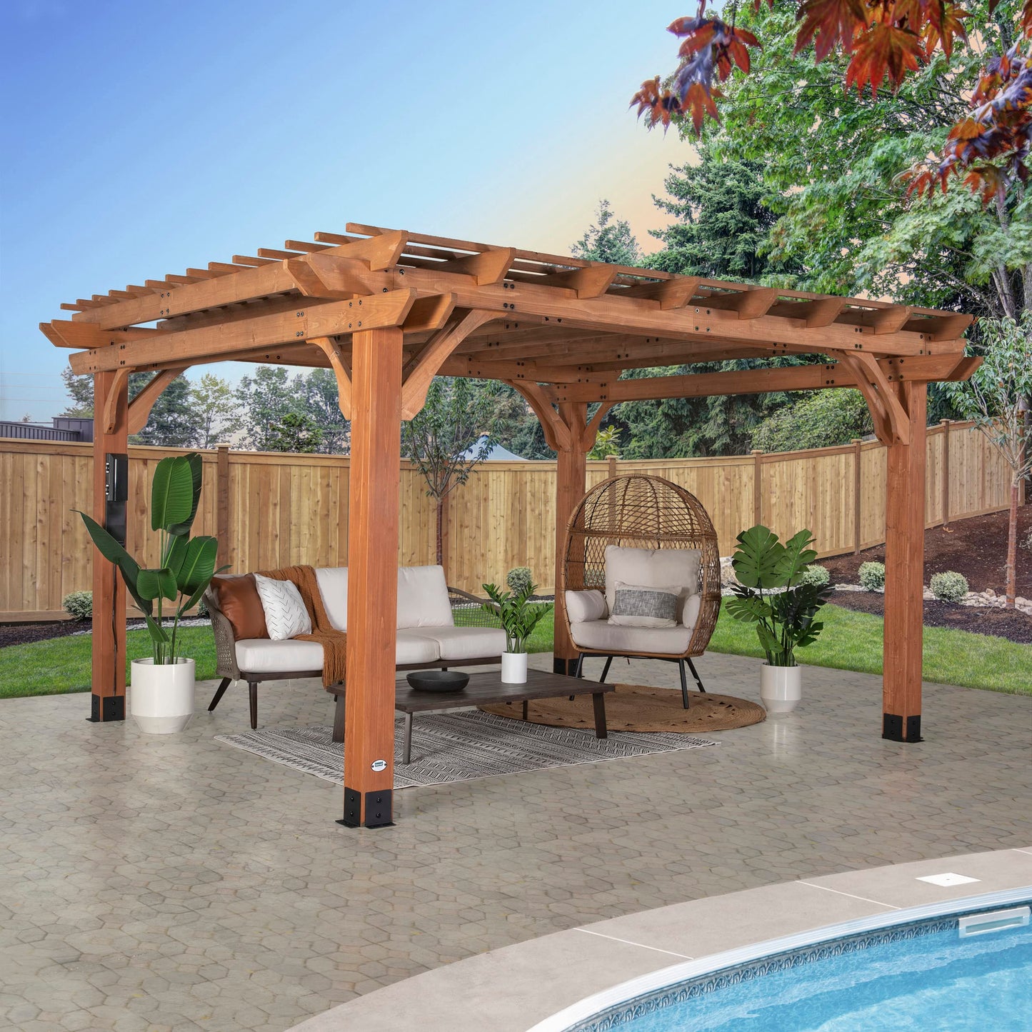 Backyard Discovery Beaumont 14' x 12' Traditional Cedar Wood Pergola Kit with Trellis Roof, All-Season Durability, High-Wind Rating, PowerPort, Shade for Outdoor Patio, Deck, Garden, and Entertaining