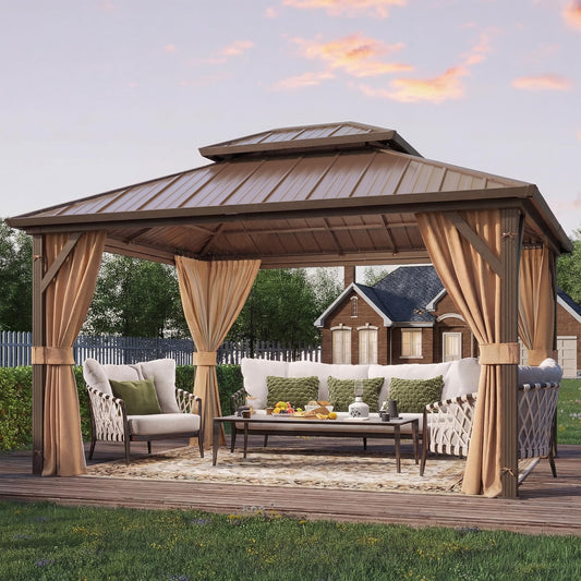 YOLENY 10' x 12' Hardtop Gazebo, Metal Gazebo with Aluminum Frame, Double Galvanized Steel Roof, Curtains and Netting Included, Pergolas for Patios, Garden, Parties, Lawns
