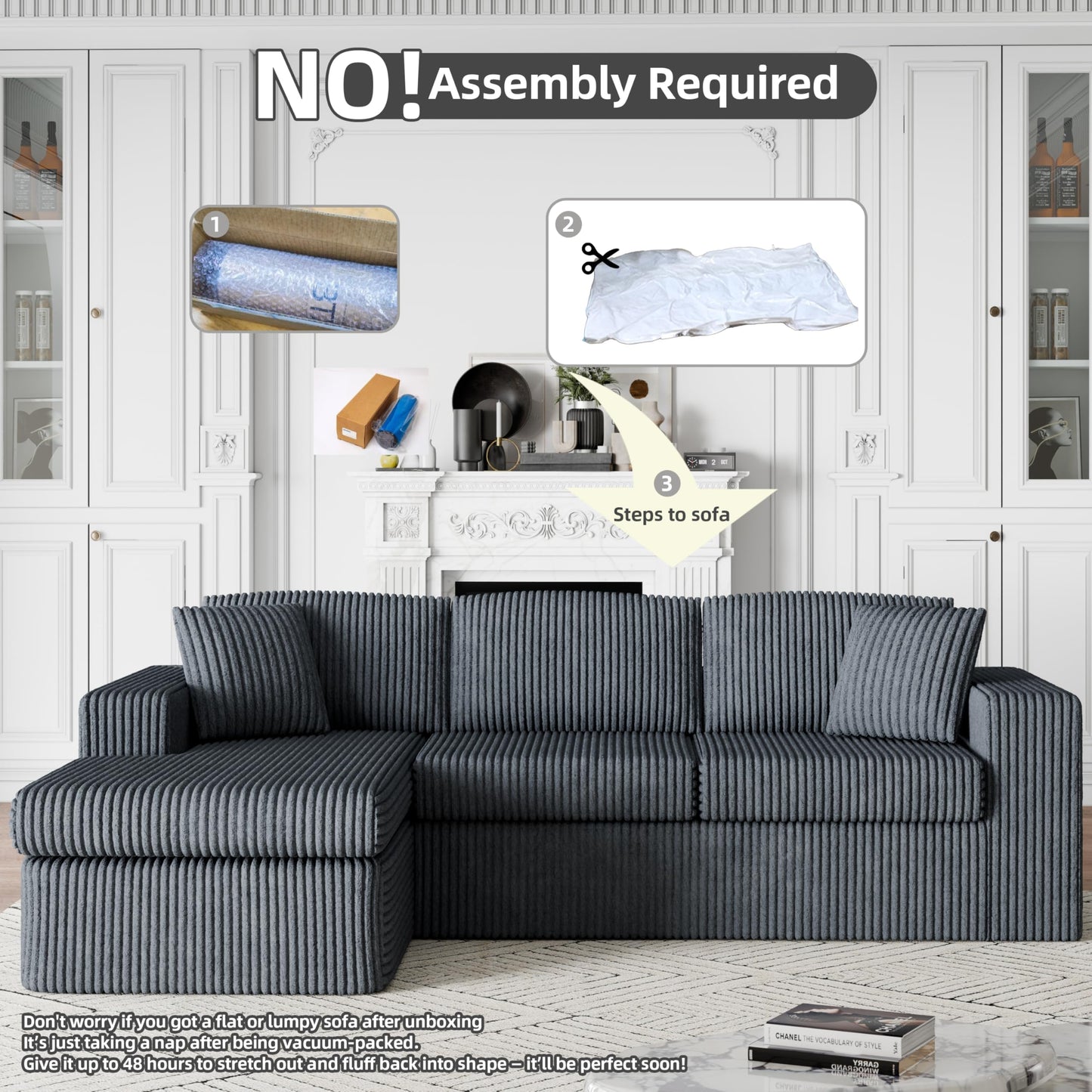Shintenchi 105" Boneless Couch for Living Room,L Shaped Modular Cloud Sectional Sofa,Fluffy Corduroy Couch with Deep Seated Oversized Chaise Lounge,No Assembly Needed,Dark Gray