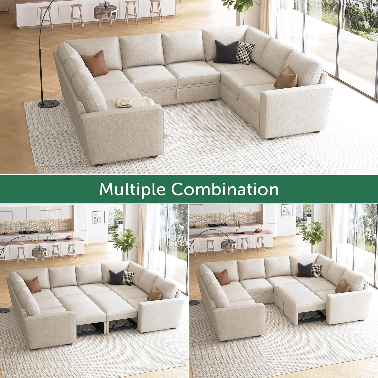 HONBAY Sleeper Sectional Couch with Pull Out Bed, Modular Sofa with Storage Seats, U Shaped Sectional Couches for Living Room, Beige