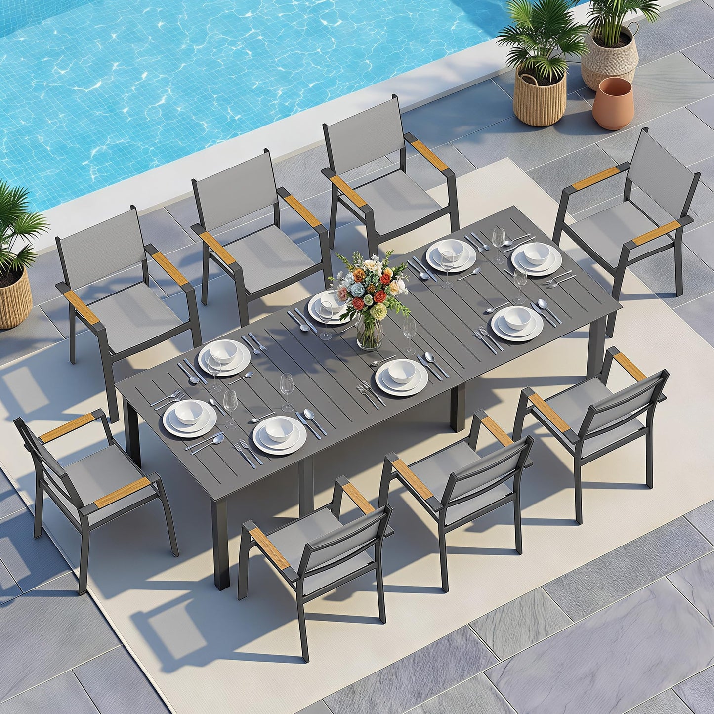 Wisteria Lane 13 Piece Aluminum Outdoor Dining Sets with 3-Adjustable Length Dining Table, 121" L×39.4" W Expandable Patio Table and Chairs Set for 12, Stackable Chairs with Quick Drying Fabric, Grey