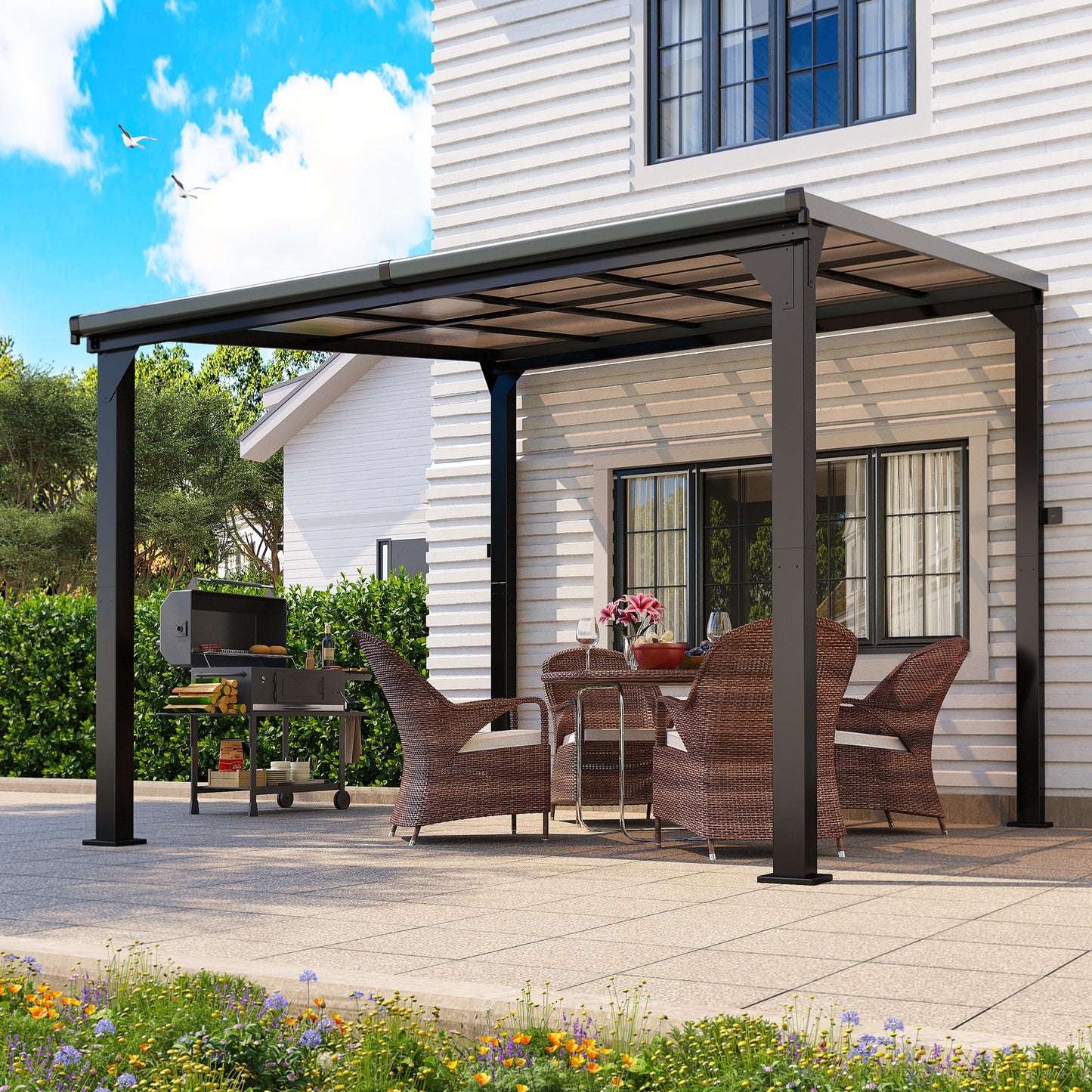 Patiopia 10 * 10FT Pergola,4 * 4 Inch Thickened Pillars & Enlarged Base,Outdoor Hardtop Lean to Gazebo,Wall Mounted Pergola,Pergolas Gazebos Clearance,Aluminum Frame Pergola,UV Resistant Patio Roof