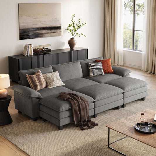 LINSY HOME Modular Sectional Sofa - 123 Inch Oversized Corduroy Cloud Couch with Movable Ottoman Soft Modern Comfy Sofa Set for Living Room Apartment Office, Grey