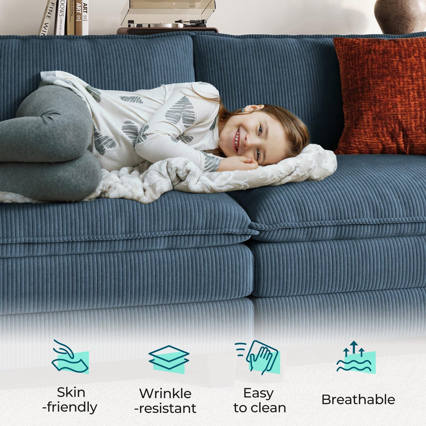 LINSY HOME Modular Sectional Sofa - 123 Inch Oversized Corduroy Cloud Couch with Movable Ottoman Soft Modern Comfy Sofa Set for Living Room Apartment Office, Blue