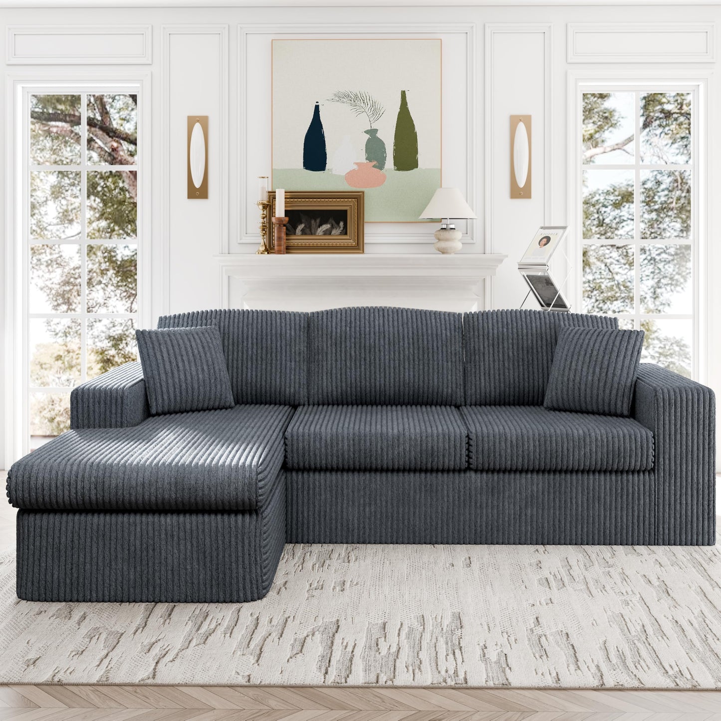 Shintenchi 105" Boneless Couch for Living Room,L Shaped Modular Cloud Sectional Sofa,Fluffy Corduroy Couch with Deep Seated Oversized Chaise Lounge,No Assembly Needed,Dark Gray