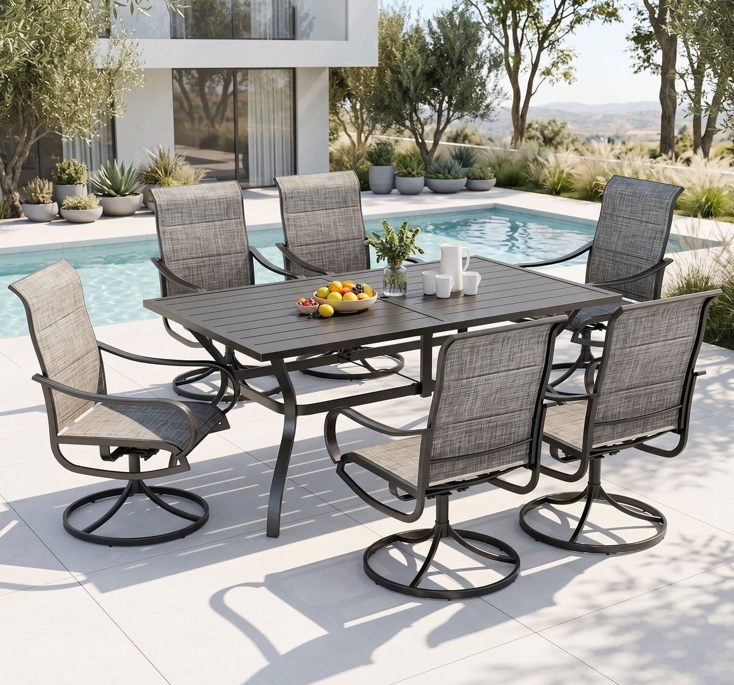 PHI VILLA 7 Piece Patio Dining Set for 6, 1 Large Metal Table and 6 Outdoor Dining Chairs with High Back and Padded Textilene, Outdoor Furniture Set for Garden, Yard