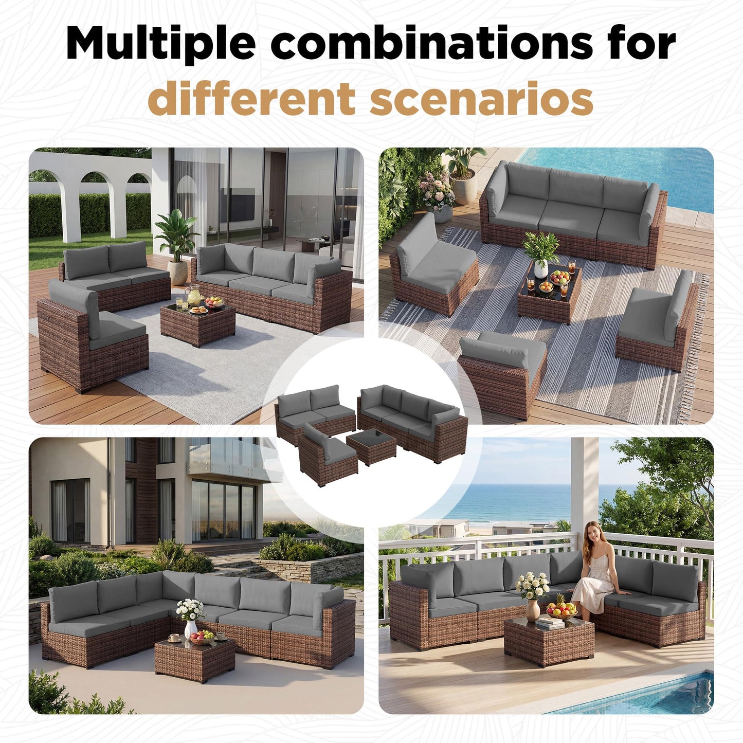LHBcraft Patio Furniture Set with Rain Cover,7 Pieces Outdoor Wicker Rattan Patio Furniture, Wicker Rattan Outdoor Sectional Sofa Set with Coffee Table for Garden, Poolside Taupe-Grey