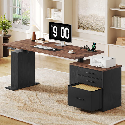 Homiflex 75.5'' Electric Standing Desk with Drawers, Farmhouse Height Adjustable Corner Desk, Sit Stand Office Desk with 4 AC Outlets & Type C Port, Executive Computer Desk, Brown & Black