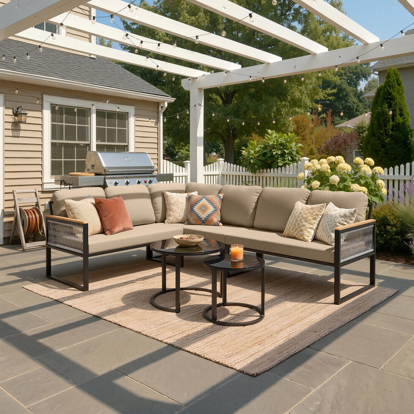 Crestlive 6 Piece Patio Furniture Set, Modern L-Shaped Outdoor Sectional Sofa with Nesting Tables, 4 Inch Thick Cushion, All Weather Resistant Outdoor Furniture Set for Backyard Patio Garden