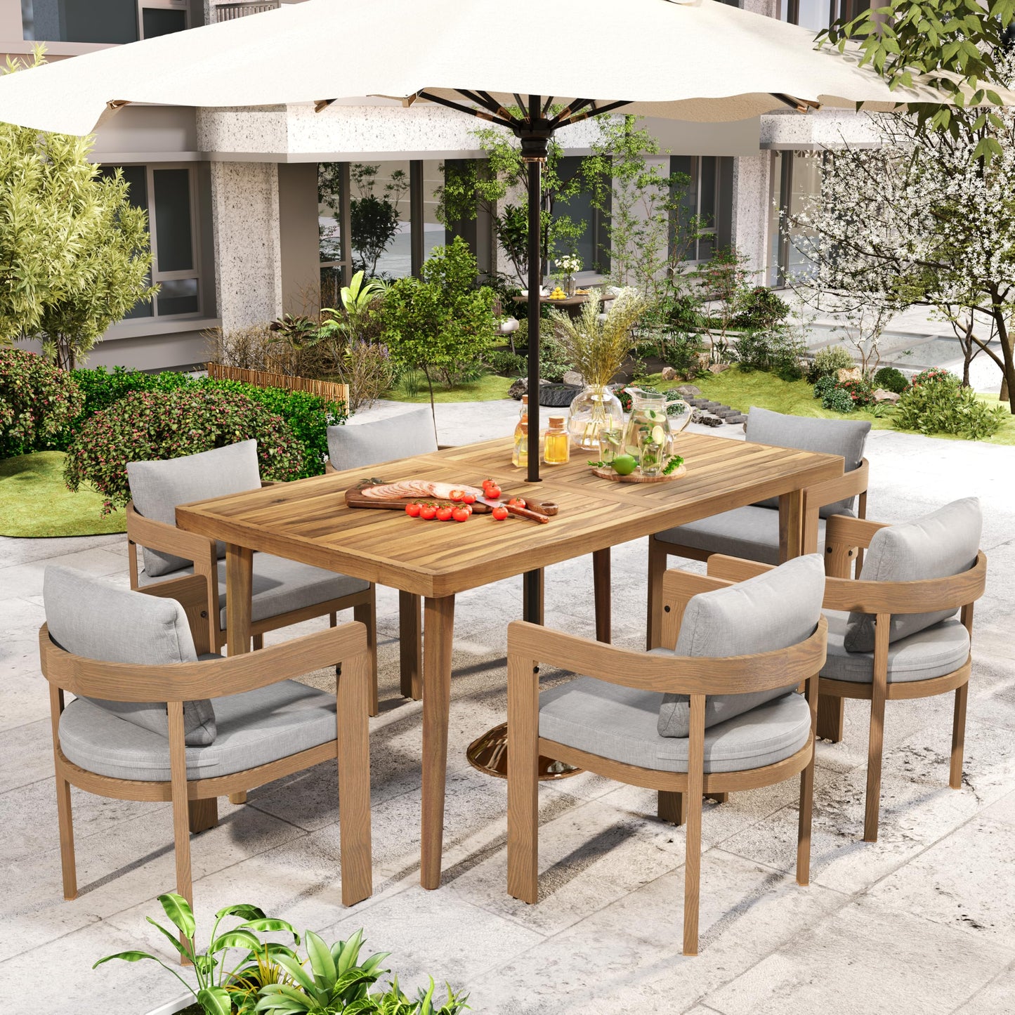 Christopher Knight Home Elko Acacia Wood Outdoor Dining Set for 6, Wooden 7 Piece Patio Dining Table Set, Outdoor Metal Dining Chair and Table Set with Cushion, Patio Furniture Set, Teak+Light Gray